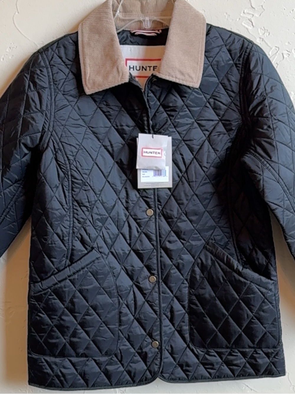 Hunter Rachel Quilted Black Puffer Jacket with Tan Corduroy Collar